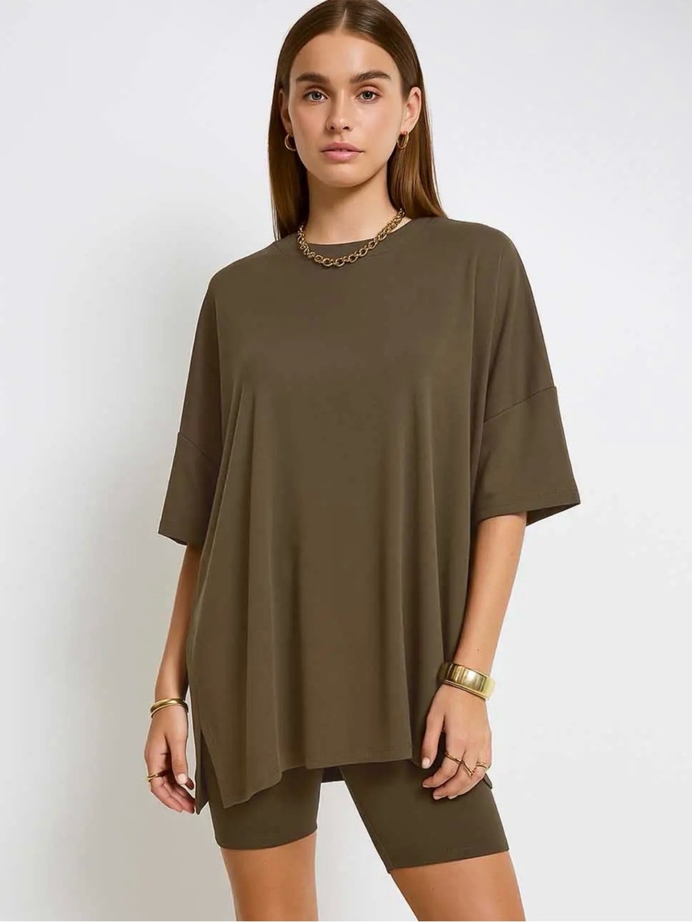 Ladies Loose Oversized Top and Shorts 2PCS Casual Tee Set Brown size Large